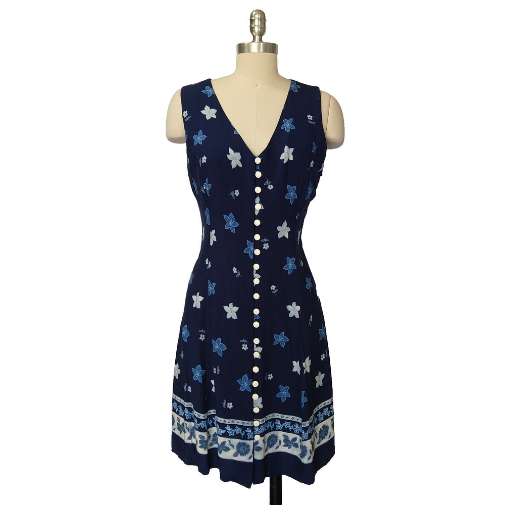 Vintage 90s Hawaiian Print Dress Size S M Blue Sleeveless Lace Up Coconut Girl